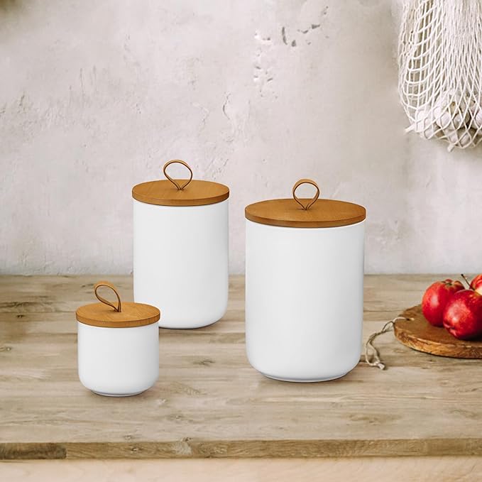 Ceramic Storage Jars, Modern Elegant Polished Airtight Gorgeous Storage Canisters with Wooden Lid Small Food Stroage Jar for Kitchen Spice Tea Vanilla Sugar Coffee Beans (3Pcs Suit White)