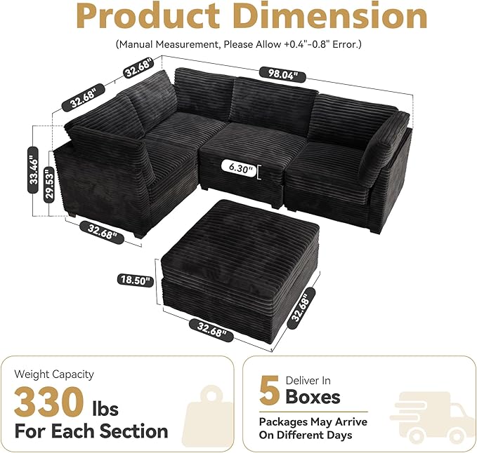 Modular Sectional Sofa with Chaise U Shaped Sectional Couch for Living Room, 5-Seater Comfy Cloud Couches with One Movable Ottoman, Plush Corduroy, Black