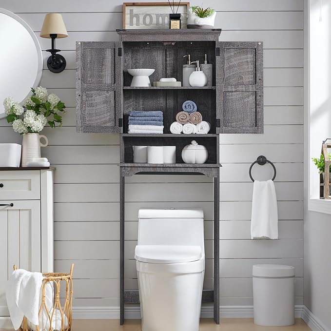 Over The Toilet Storage Cabinet, Farmhouse Bathroom Cabinet with Adjustable Shelf & Barn Door, 67" Tall Over The Toilet Shelf, Grey Wash