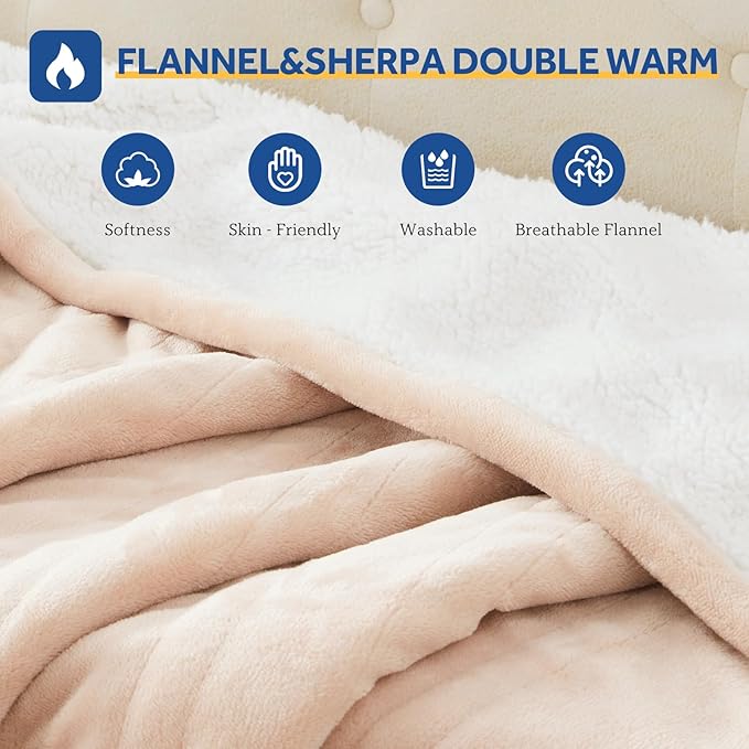 Sealy Electric Blanket Twin Size 62"*84",Super Cozy Flannel to Sherpa Reversible Heated Twin Blanket with 10 Heating Levels & 1-12 Hours Auto Off Overheating Protection Machine Washable, Beige
