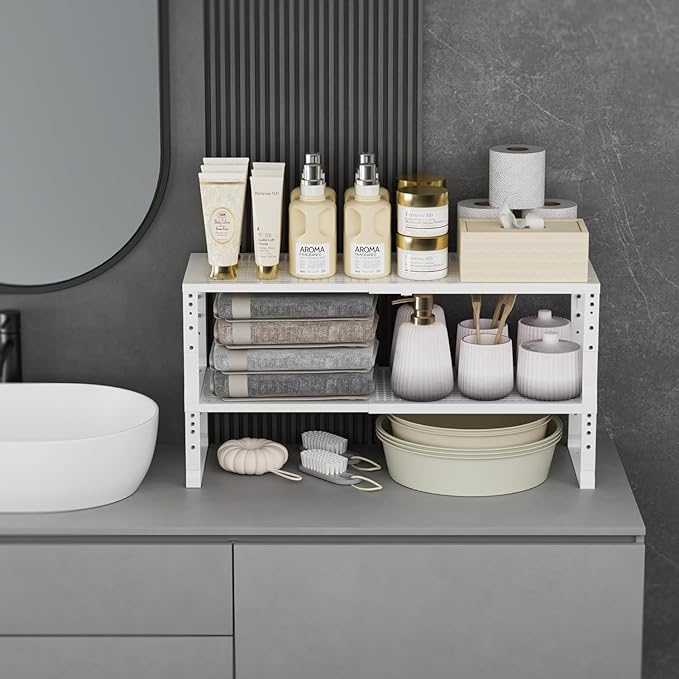 Expandable Spice Rack Kitchen Cabinet Shelf Organizer, Stackable Storage Shelves Racks, Adjustable Counter Shelving for Cabinets, Countertop, Cupboard,Pantry and More(3Packs/White/Medium)