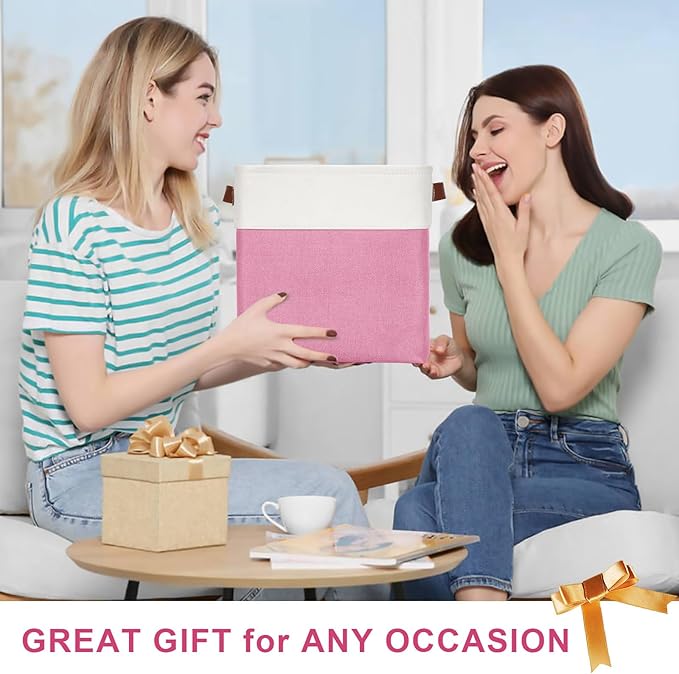 Collapsible Fabric Storage Cubes 11x11 Cube Storage Bins, 4 Pack Closet Baskets Box with Handles for Organizing, Shelf, Toys, Clothes, Home, Office, Nursery (Pink&White)