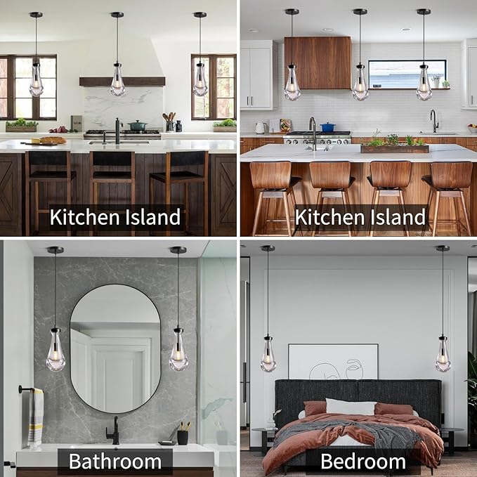 Modern Raindrop Pendant Lights Set of 3, Pendant Lights Kitchen Island 3 Pack, Matte Black Pendant Lights for Bedroom Bathroom, Chandelier for Living Room Hallway, Bulb Included