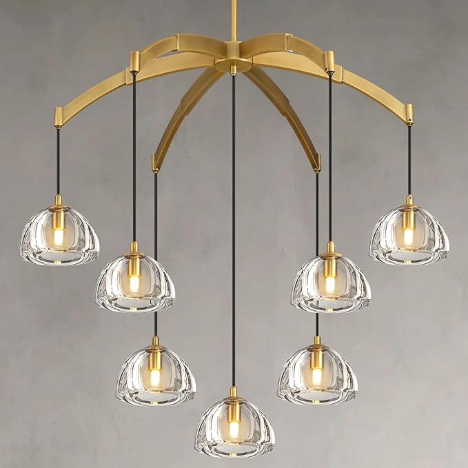 Modern Gold Chandelier, 34 inch Crystal Chandeliers for Dining Room (7-Light), Elegant Decoration Light for Living Room, Foyer Brass Chandeliers