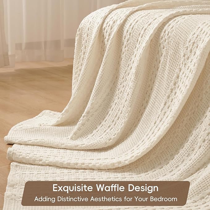PHF 100% Cotton Waffle Weave Blanket King Size, Soft Lightweight Breathable Cozy Summer Blankets for Bed, Luxury Aesthetic Woven Bedding for Home Decor, 108"x90", Undyed