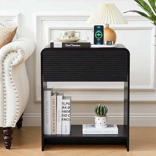 Fluted Nightstand with Charging Station, Mid Century Modern Bed Side Table End Table with Drawer Storage, Large Wooden Night Stands Bedside for Bedroom Living Room Sofa Office, Black