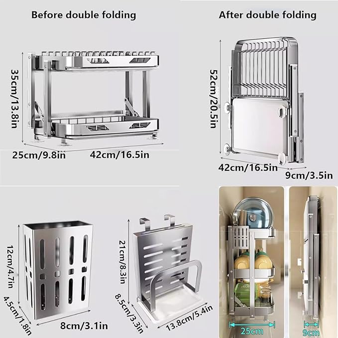 Dish Drying Rack with Drain Board - Rustproof Stainless Steel Dish Rack with Utensil Holder,Dish Racks for Kitchen Counter Over Sink,Over-Sink Drying Rack(Countertop,Second Floor)