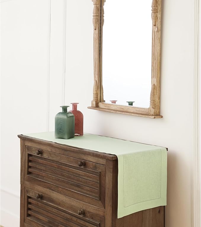 Solino Home Linen Table Runner 36 Inches - 100% Pure Linen Sage Green Hemstitch Table Runner 14 x 36 Inch Ideal for Dresser and Coffee Tables - Fall, Autumn, Thanksgiving - Classic Hemstitch