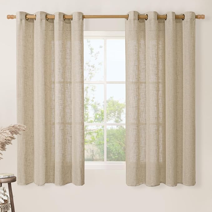 LAMIT Linen Blended Window Curtains 63 inch Length for Bedroom, Soft Semi Sheer Light Filtering Burlap Curtain Panles with Bronze Grommet Drapes for Living Room, 2 Panels Set, 52 x 63 Inch, Brown