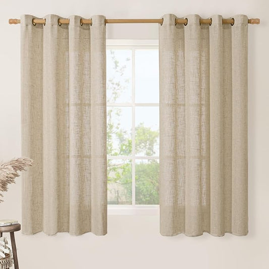 LAMIT Linen Blended Window Curtains 63 inch Length for Bedroom, Soft Semi Sheer Light Filtering Burlap Curtain Panles with Bronze Grommet Drapes for Living Room, 2 Panels Set, 52 x 63 Inch, Brown