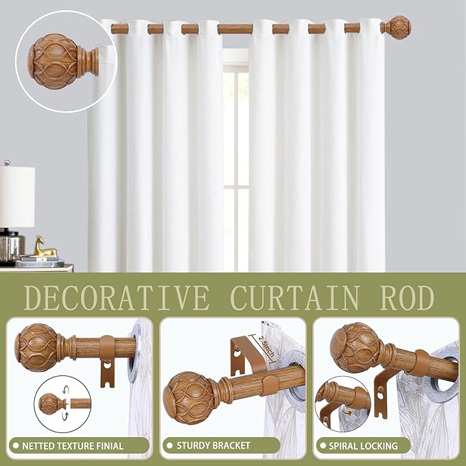 2 Pack Wood Curtain Rods for Windows 48 to 84 Inch(4-7ft),1 Inch Adjustable Curtain Rod,Heavy Duty Curtain Rods,Wooden Netted Texture Drapery Rods,Single Window Curtain Rod 36-88",Brown Wood