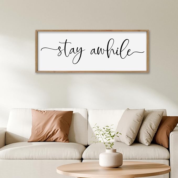 SRSZHIYUE Stay Awhile Sign Wall Decor Art 32"×12" Home Entryway Hallway Signs Large Wood Framed Wall Hanging (Wood)