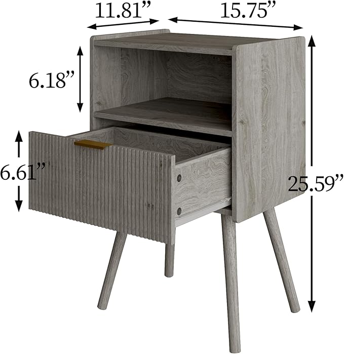 Nightstand,Modern Bedside Table with Storage Drawer and Open Wood Shelf, Accent Night Stand with Solid Wood Legs for Living Room, Bedroom and Small Spaces,Easy Assembly (Grey Oak)