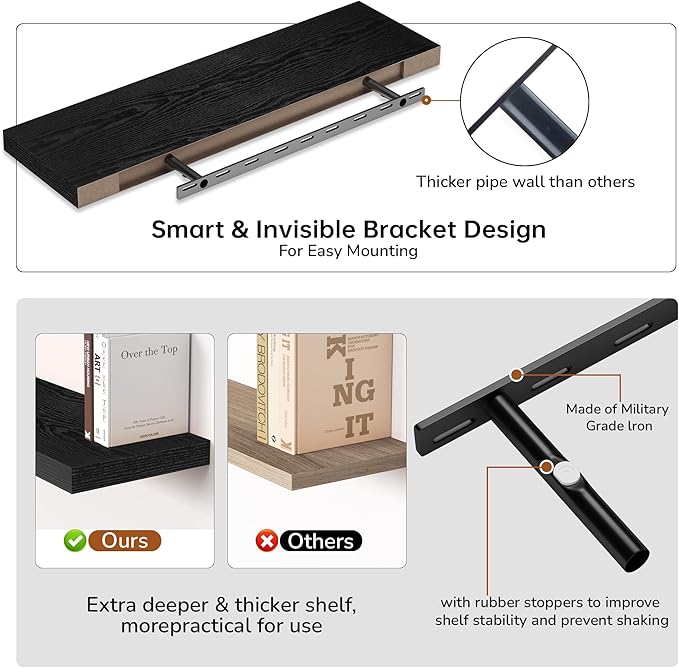 Fun Memories 36 Inch Floating Shelves - Deep Rustic Black Wooden Wall Shelves - Extra Deeper & Thicker Wall Mounted Storage Shelf for Bedroom, Kitchen, Farmhouse - 2 Pack, Rustic Black