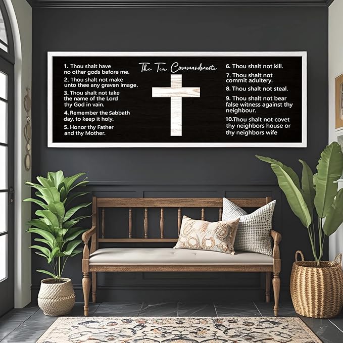 Ten Commandments Rustic Bible Verse Framed Wall Decor, 40" x 15", Religious Christian Slogan Representing a Prayer to God Jesus Christ, Vintage Horizontal Holy Inspirational Catholic Scripture Decor