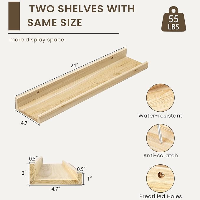 Floating Shelves for Wall, Picture Ledge Shelf 24 Inch Solid Wood Set of 2, Rustic Wall Shelves with Lip, Kids Bookshelf, Photo & Picture Live Edge Floating Shelves for Bedroom, Living Room, Kitchen