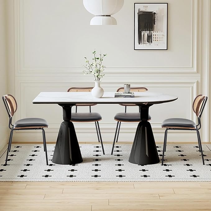 Rattan Dining Chairs Set of 4, Mid Century Modern Dining Chairs with Cane Back for Kitchen Dining Room, 19 Inch Faux Leather Black