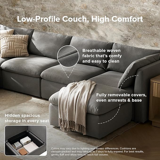 mopio Oversized Modular Sectional Sofa with Fully Removable Covers and Storage, Convertible U, L-Shaped and Sleeper Sectional, Modern Couches with Ottoman Chaise (Stone Gray Fabric, 4 Seats, L)