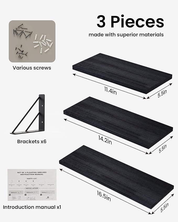 BAYKA Wall Shelves for Bedroom Decor, Floating Shelves for Wall Storage, Display Mounted Rustic Wood Shelf for Books,Plants,Corner Shelves for Bathroom,Kitchen,Living Room(Set of 4)