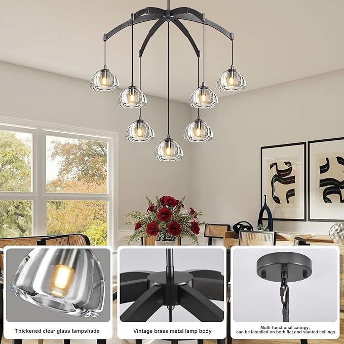 Modern Crystal Chandeliers, Black Round Chandelier for Dining Room, Large Arc Chandelies for Living Room, 7-Light Dining Room Light Fixture 34" Pendant Light Chandelier for Staircase Bedroom