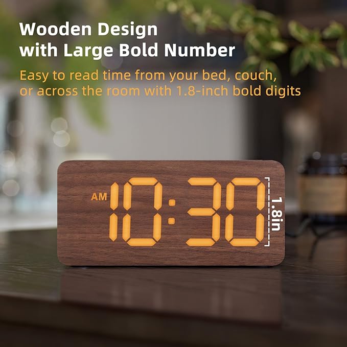 uscce Wooden Digital Alarm Clocks for Bedrooms: Dimmable Dual Alarm Clock with Large Numbers for Bedside Desk - Loud Alarm for Heavy Sleepers with Volume Control - Wood Decor & Gifts
