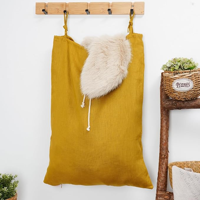 Linen Hanging Laundry Bag, Over The Door Laundry Hamper for Dirty Clothes, Drawstring Closure with Bottom Zipper, Turmeric