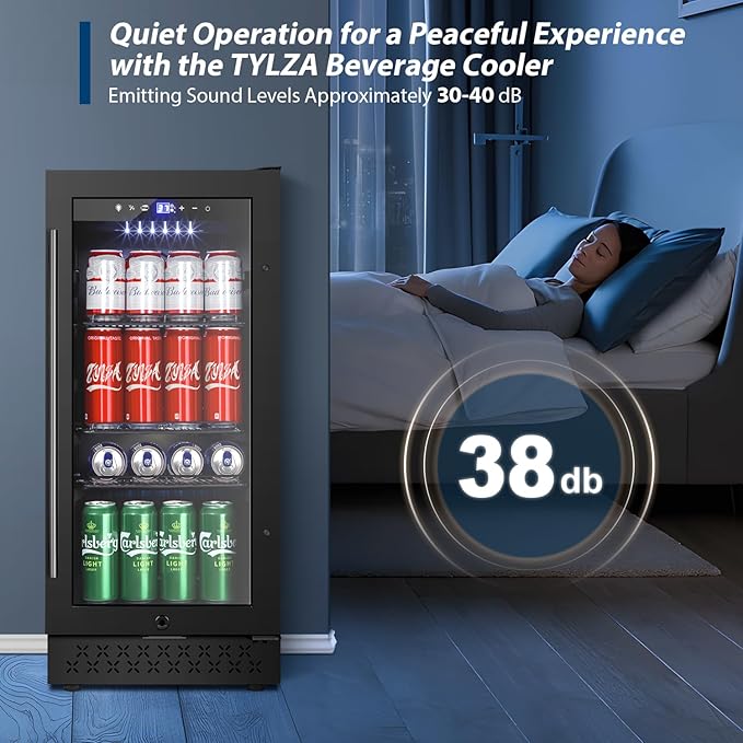 Tylza 15 Inch Beverage Refrigerator, Under Counter/Freestanding Drink Fridge, 130 Cans Beverage Cooler with Glass Door, Reversible Door, Low Noise, Quick Cooling - for Beer, Soda, ETC, Black