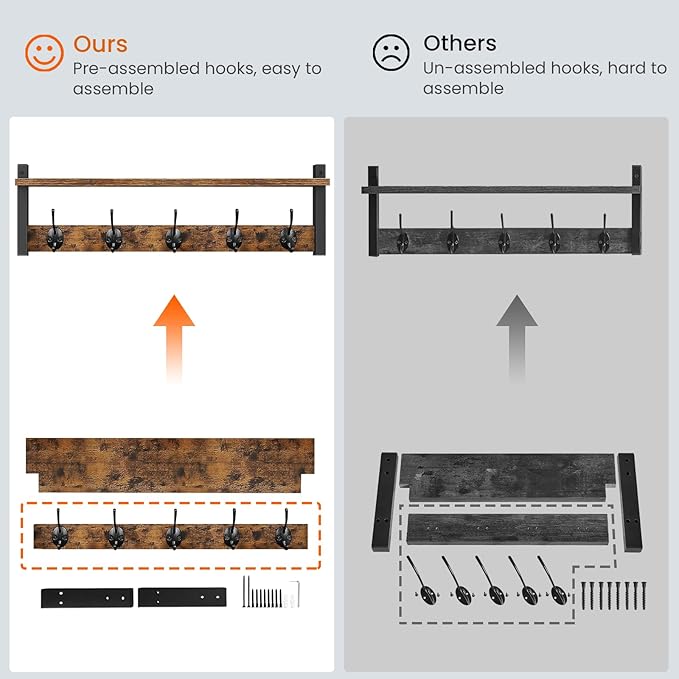 Homode Coat Rack with Wall Mount, 24 Inch Long Entryway Wall Shelf with Hooks, Wood Hanger with Storage Shelf for Bathroom, Hallway, Rustic Brown Black