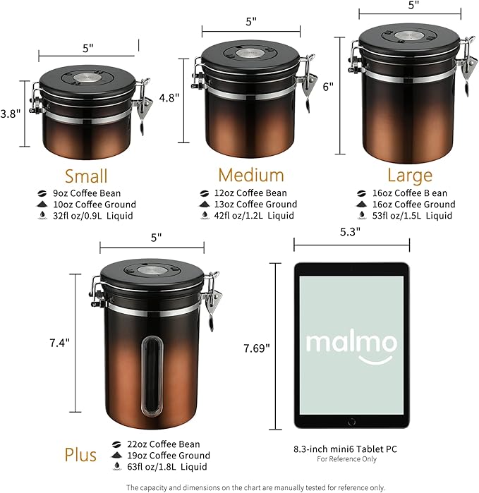 malmo Coffee Canister, Airtight Coffee Container with Date Tracker Lid, Stainless Steel Canister for Kitchen Food Storage (Black-Copper, 22oz)