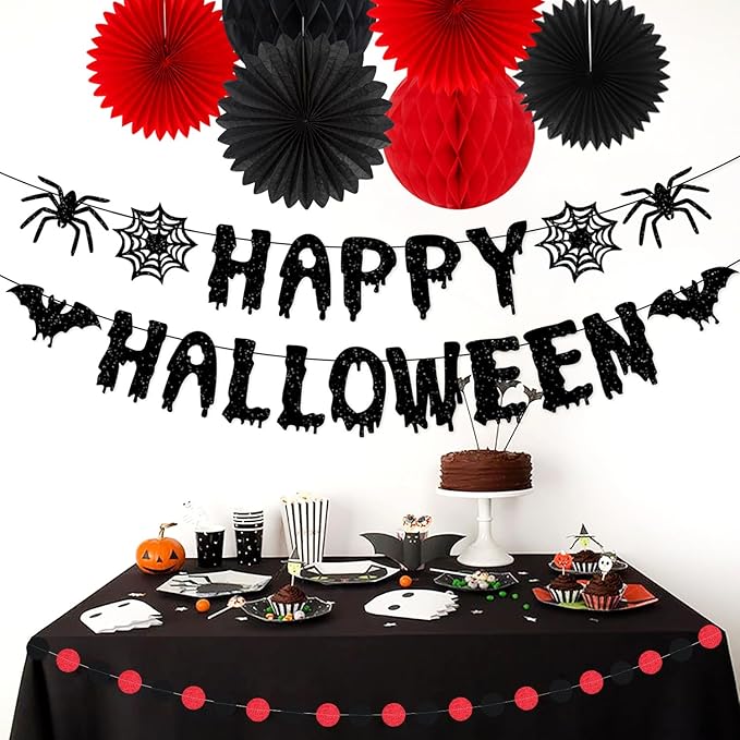 Red Black Happy-Halloween Party Decorations - 13PCS Spider Web Bats Streamers Banner ,Paper Flowers Lanterns Tissue Pom Poms Fans, Classroom Birthday Bachelorette Hanging Supplies Decor Hugfond