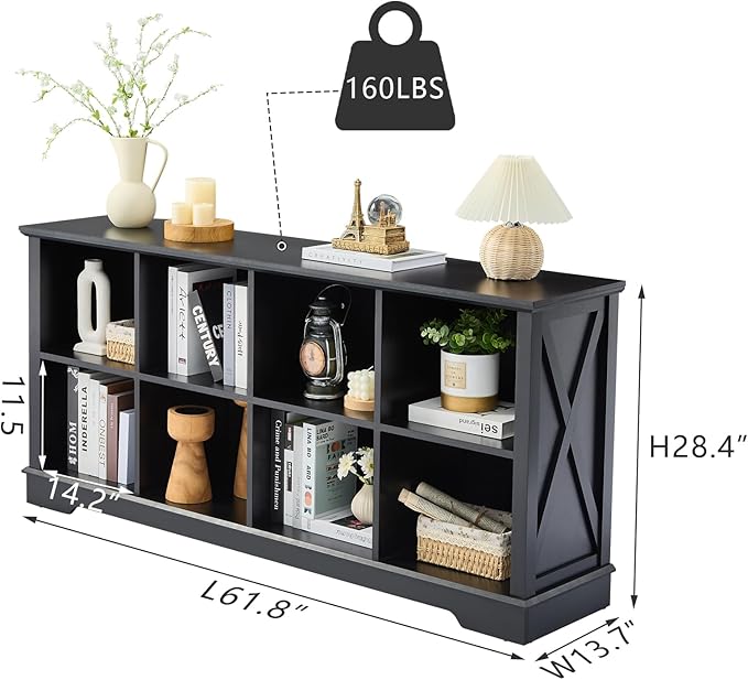 Farmhouse 8 Cube Bookshelf, Black Storage Organizer Bookcase, Kids Toy Storage Cabinet, Long Bookshelves Storage Organizer Shelf, Wood Display Cabinet Book Shelves for Bedroom,Living Room,Office