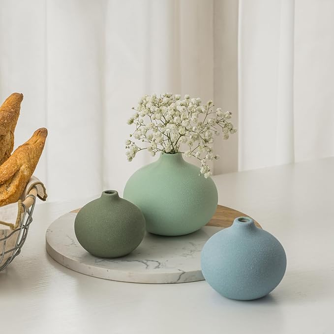 Ceramic Vase Set of 3, Mini Flower Vase for Home Decor, Modern Vase, Small Flower Vases for Dining Table Centerpieces,Living Room,Shelf,Mantel and Entryway Display