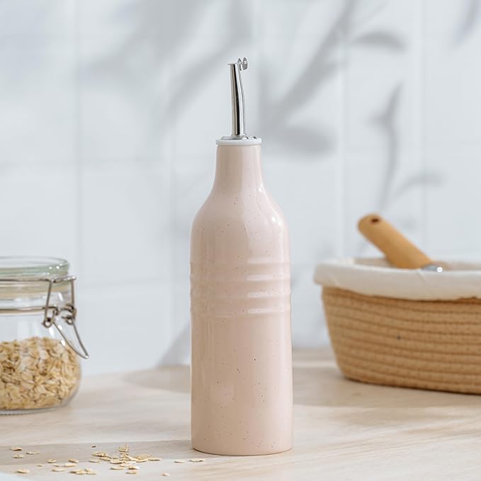 famiware Jupiter 16oz Ceramic Olive Oil Dispenser Bottle, 1 Piece Oil Dispenser for Kitchen with Stainless Steel Pourers, Suitable for Storage Vinegar, Soy Sauce, Coffee Syrup, Light Pink