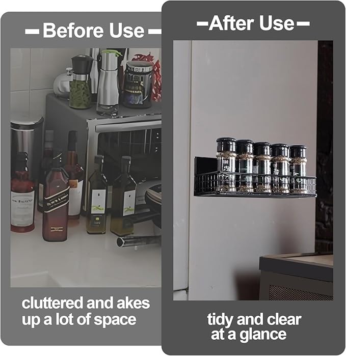 Magnetic Basket, Magnetic Shelf for Fridge, Magnetic Spice Rack for Refrigerator Magnetic Locker Organizer Holder for Office Kitchen Classroom Storage, Black-Low, 9.44" x 4" x 1.77"