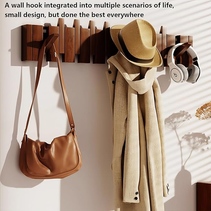 Wall Mounted Piano Key Hanger | Flip Style Hook | Entrance Wall Art Hook, Made of Oak Wood (3 Times Painted, 4 Times Polished) (Walnut, 6Hooks)