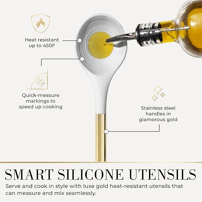 White Silicone and Gold Cooking Utensils Set with Gold Utensil Holder - 7-Piece Silicone Cooking Tools - Ideal for Nonstick Cookware and Stylish Modern Kitchens - Luxury Kitchen Accessories