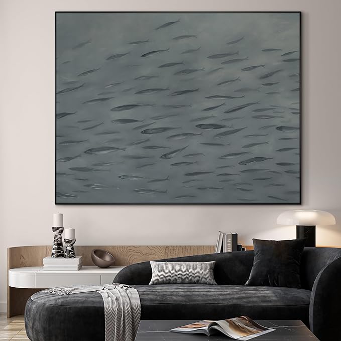 SIGNWIN 36"x46" Extra Large Framed Wall Art Gray School of Fish Minimalist Ocean-Inspired Marine Life Illustration for Home Living Room Bedroom Decor (Frame Assembly Required)