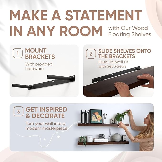 Homeforia Walnut 36 inch Floating Shelf, High End Solid Real Wood 36inch Large Shelves for Bathroom Wall, Dark Brown 36 inches Long Floating Shelves, Heavy Duty Bracket, 36 X 6.5 X 1.75 inch, Set of 2