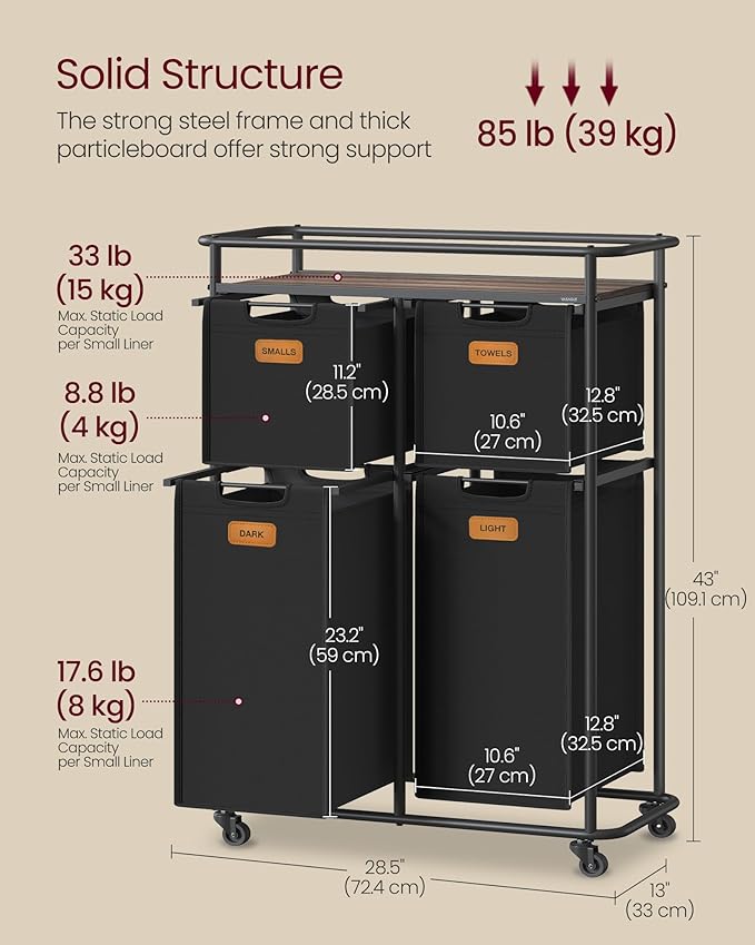 VASAGLE Laundry Sorter, Laundry Hamper with Wheels, 39.6 Gal. (150 L) Portable Rolling Cart Baskets with Shelf, 4 Removable Liners and 6 Labels, Ink Black and Chestnut Brown URLS100B01