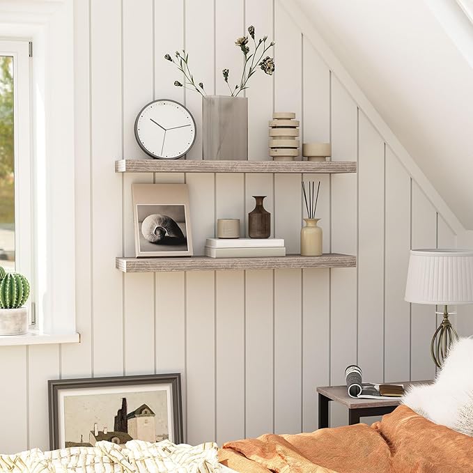 HOOBRO Floating Shelves for Wall, Wall Mounted Shelf Set of 2, 31.5" Hanging Shelf with Invisible Brackets, for Wall in Bathroom, Bedroom, Toilet, Kitchen, Living Room, Office, Greige BG80BJP201