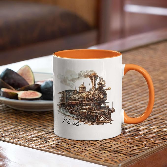 Customized Vintage Locomotive Design Ceramic Cup, Personalized Steampunk Train Coffee Mug 11oz 15oz, Unique Custom Name Mug Gift For Train Enthusiasts, Steam Engine White Mug