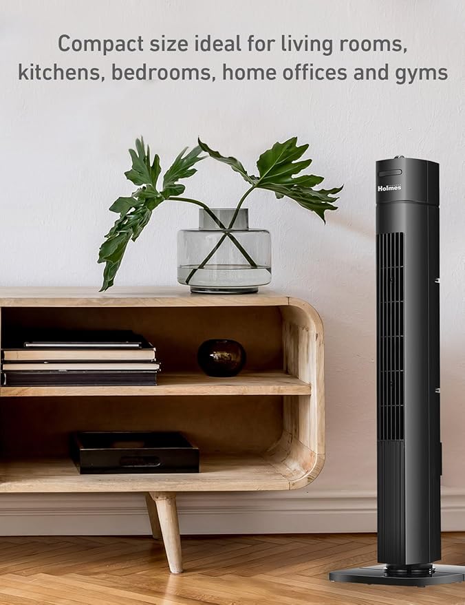 Holmes 31" Manual Tower Fan, 70° Oscillation, 3 Speeds, 2-Hour Auto Shut-Off Timer, Adjustable Vents, Compact and Slim Profile, Carry Handle, Ideal for Cooling your Home, Bedroom or Office, Black
