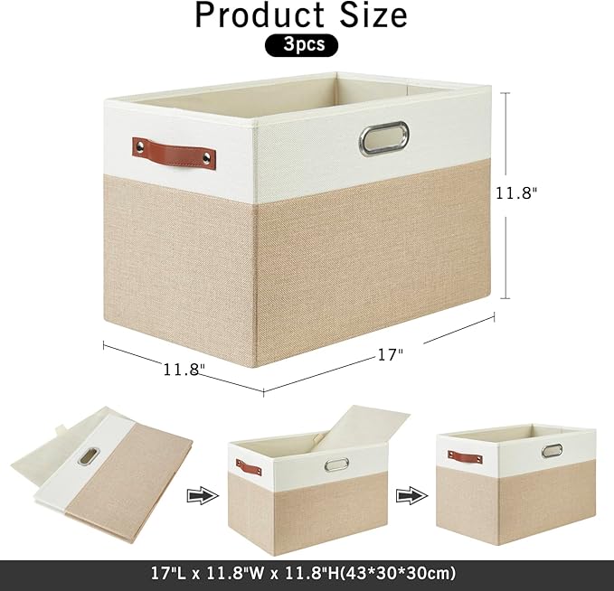 Large Collapsible Fabric Storage Bins with 3 Handles, Foldable Organizer Baskets for Closet, Shelves, Living Room | 3 Pack, Durable PU & Metal Handles (17"x11.8"x11.8", Beige & White)