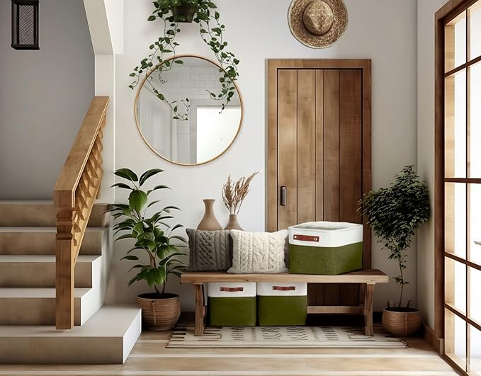 DECOMOMO Storage Bins Fabric Storage Baskets for Shelves, Linen Closet Organization Toys Nursery (Olive Green and White, Large - 3 Pack)