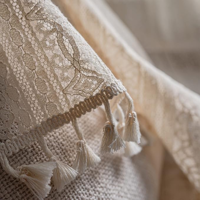 Sutuo Home Boho Curtain Crochet Lace Semi-Sheer Florals Hollow Knitted Handmade Tassels, Rod Pocket Window Treatment Vintage Rustic Farmhouse Drapes for Living Bedroom, 1 Panel 59" W x 84" L, Beige