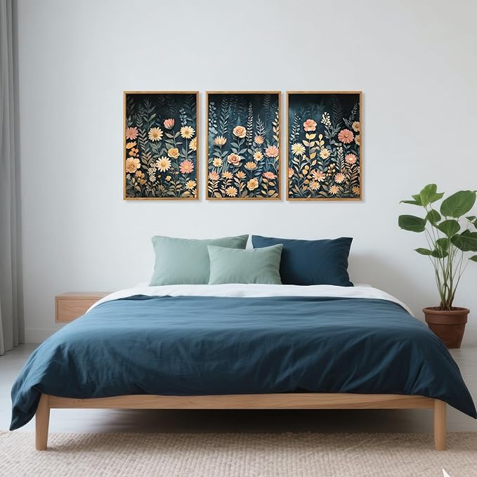 HPNIUB Modern Dark Wildflower Framed Canvas Wall Art Set,Minimalist Nature Jungle Botanical Landscape Wall Decor, (16x24 Inch) Farmhouse Painting for Living Room, Bedroom, Office