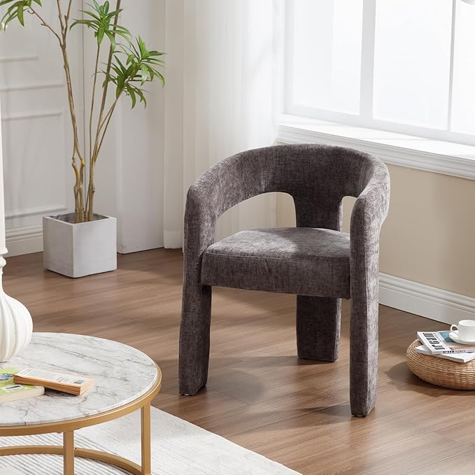 Charcoal Grey Chenille Dining Chairs Set of 4, Modern Barrel Dining Room Chairs Upholstered Accent Chair with Arms and Round Back for Living Room Kitchen Armchair No Assembly Needed
