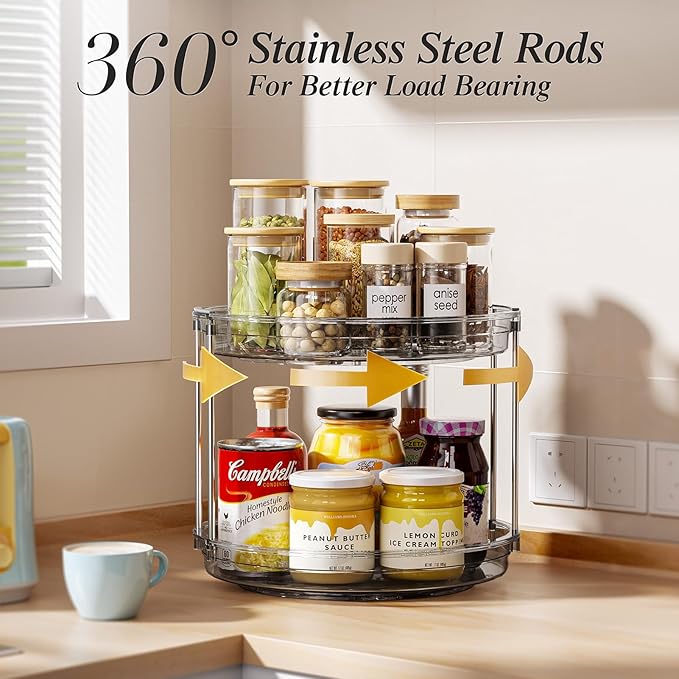 LAMU 2 Pack 2 Tier Lazy Susan Turntable Organizer 10.6'' Rotating Spice Rack Organization for Cabinet, Kitchen, Pantry, Countertop, Bathroom, Vanity, Medicine Cabinet Organizer, Grey