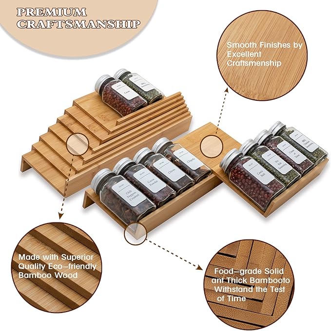 Bamboo Spice Rack Drawer Organizer - 8 Pieces Set- 7" Wide Per Piece - Combine Pieces Into 14" Wide Rack (7" or 14")