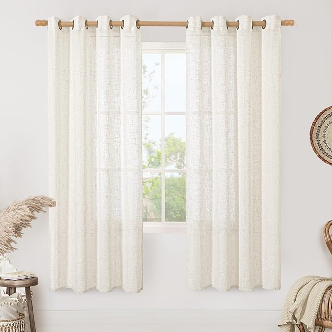 LAMIT Cream Linen Sheer Curtains 78 inch Length for Living Room, Linen Textured Light Filtering Panels Bronze Grommet Boho Neutral Drapes for Bedroom/Windows, 52 x 78 Inch, 2 Panels